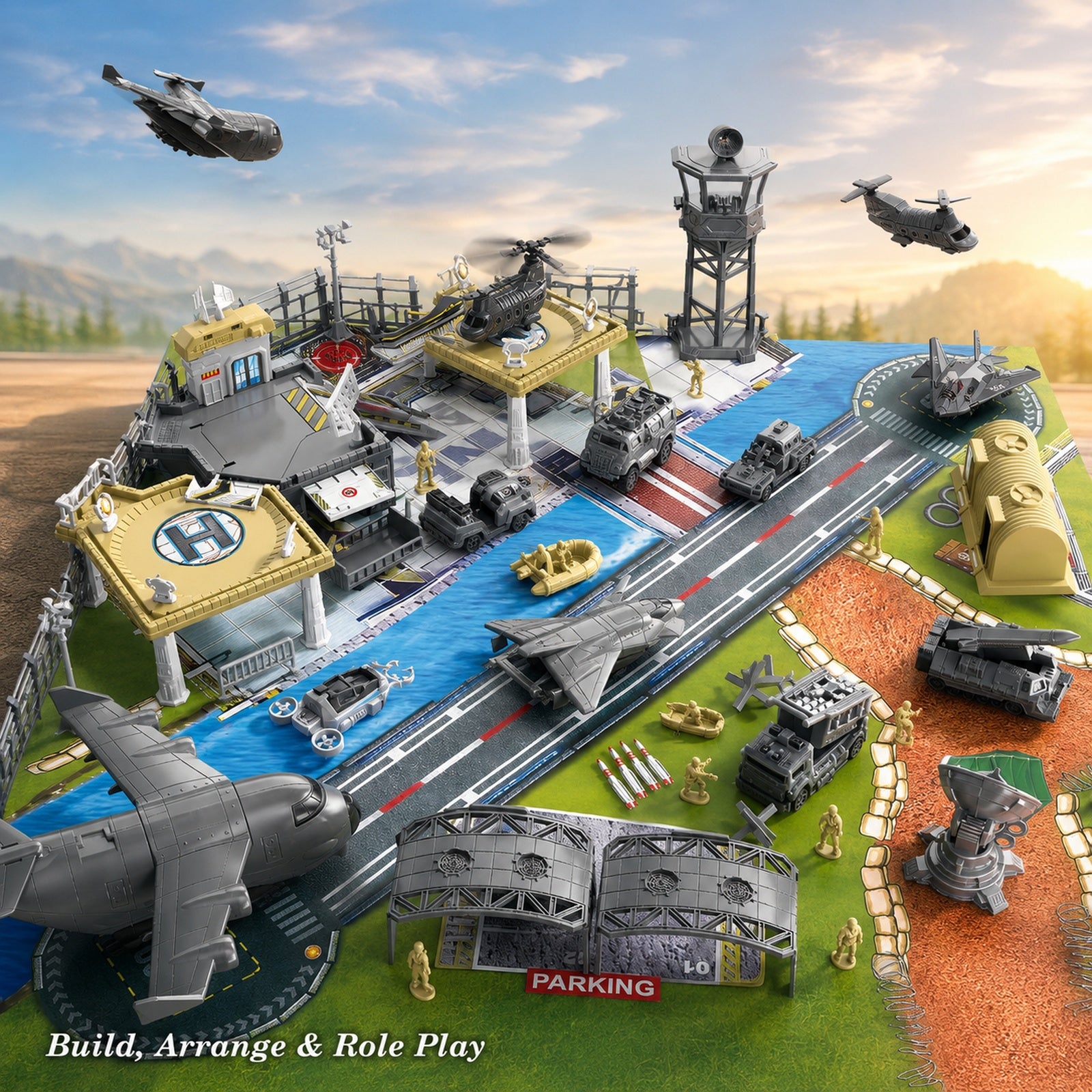 Military base toy vehicle and aircraft creative play scene
