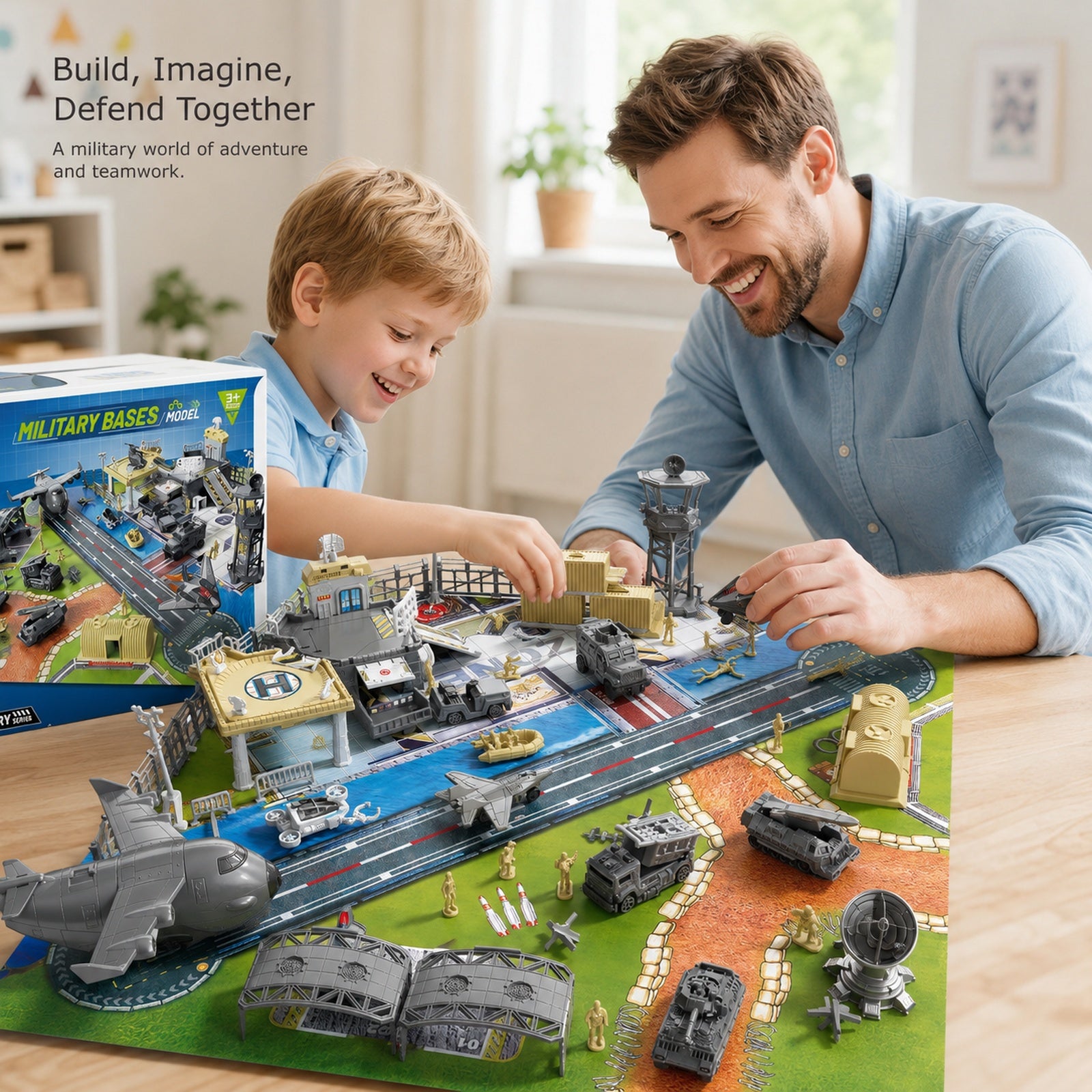 Military base toy vehicle and aircraft playset family lifestyle image