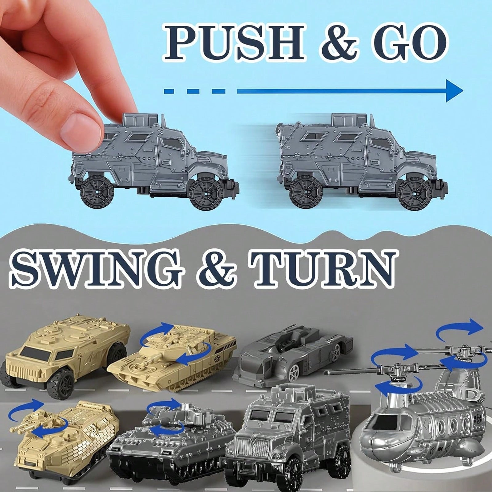 Toy vehicle and aircraft assortment push and go play feature