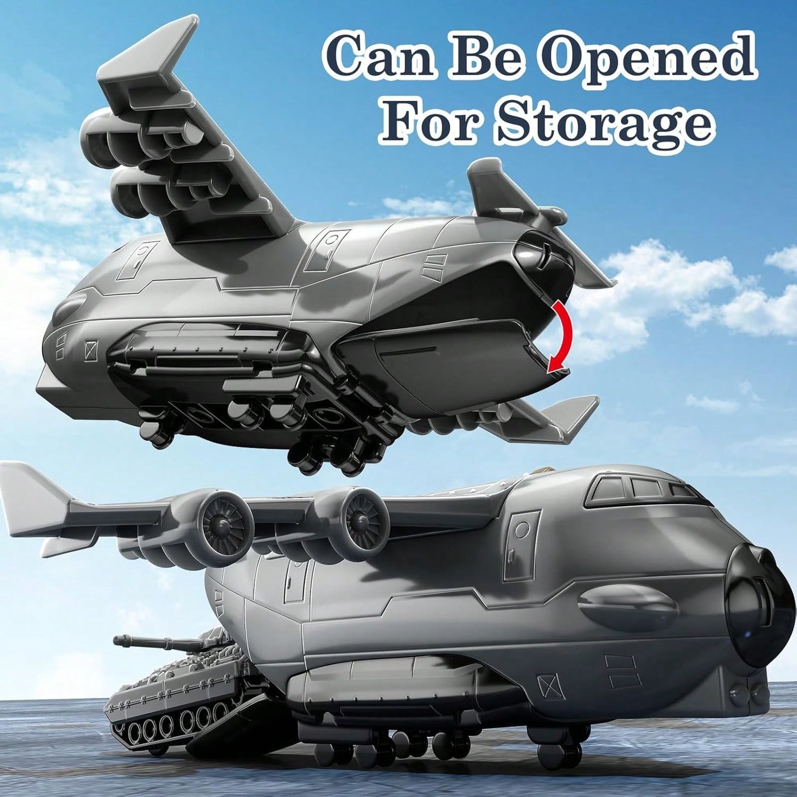 Cargo plane toy set rear loading vehicle storage feature
