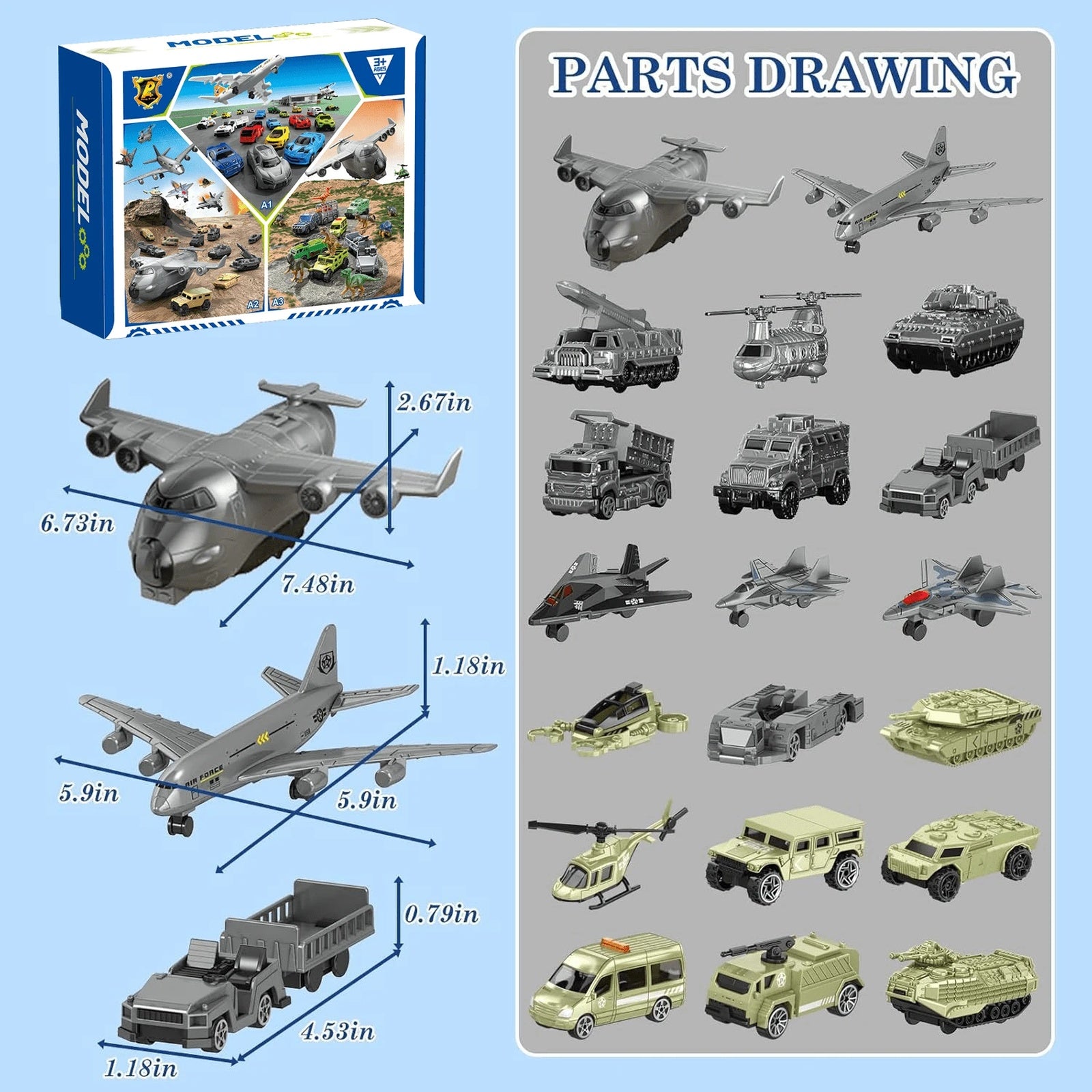 Toy vehicle and aircraft assortment size and parts information