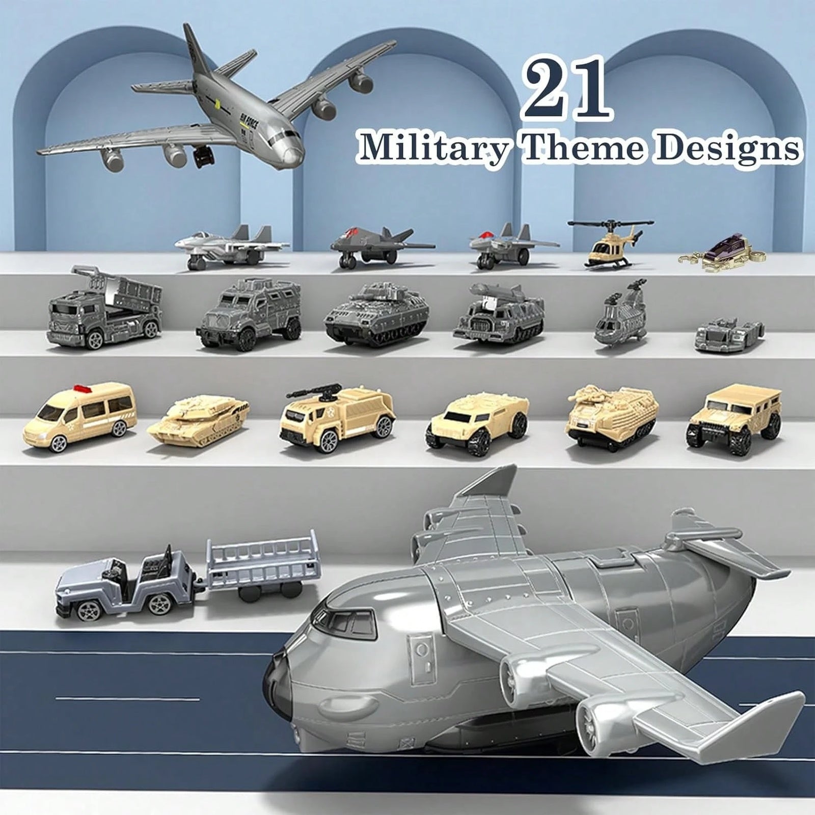 Toy vehicle and aircraft assortment with 21 themed designs