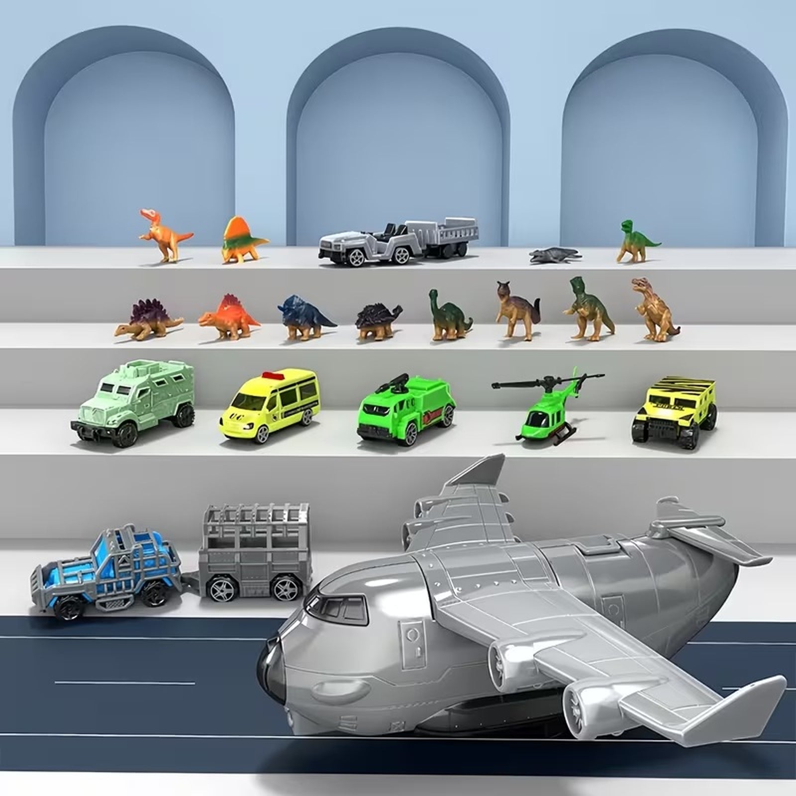 Dinosaur transport aircraft toy set full contents overview