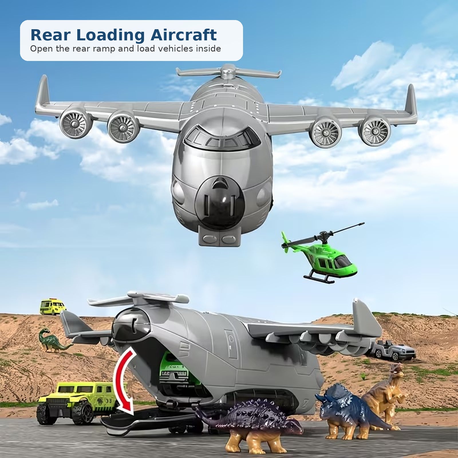 Dinosaur transport aircraft toy set rear loading feature