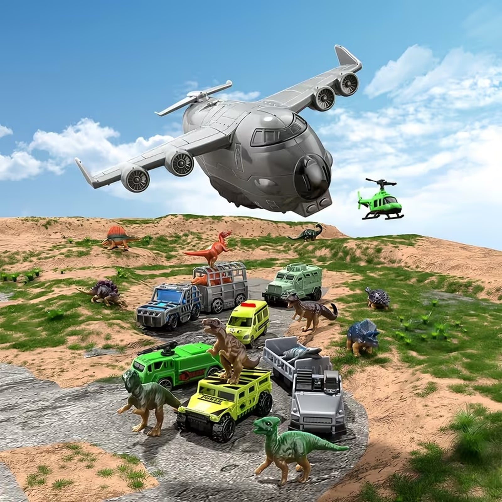 Dinosaur rescue vehicle and aircraft toy set play scene