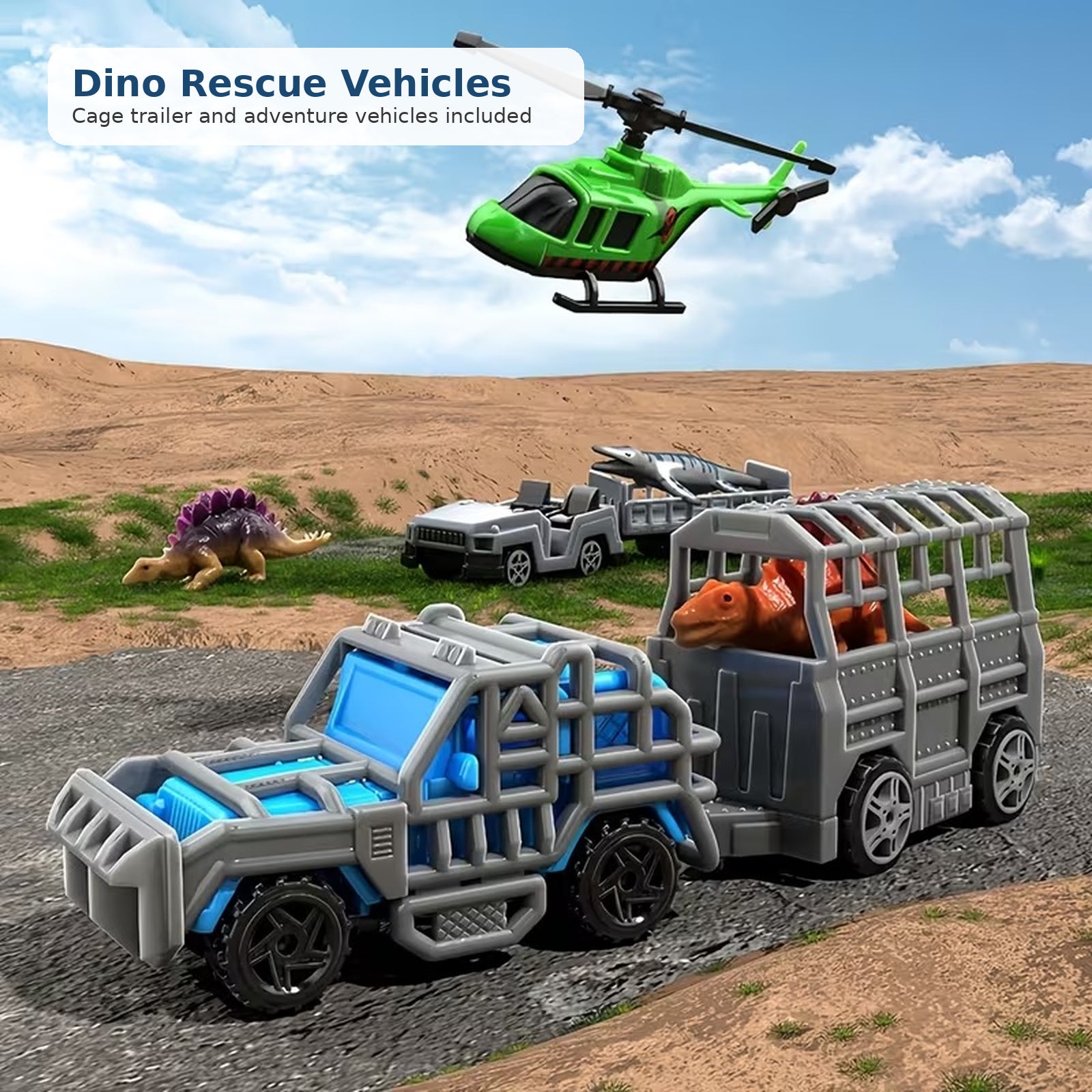 Dinosaur rescue toy set vehicle and cage play feature