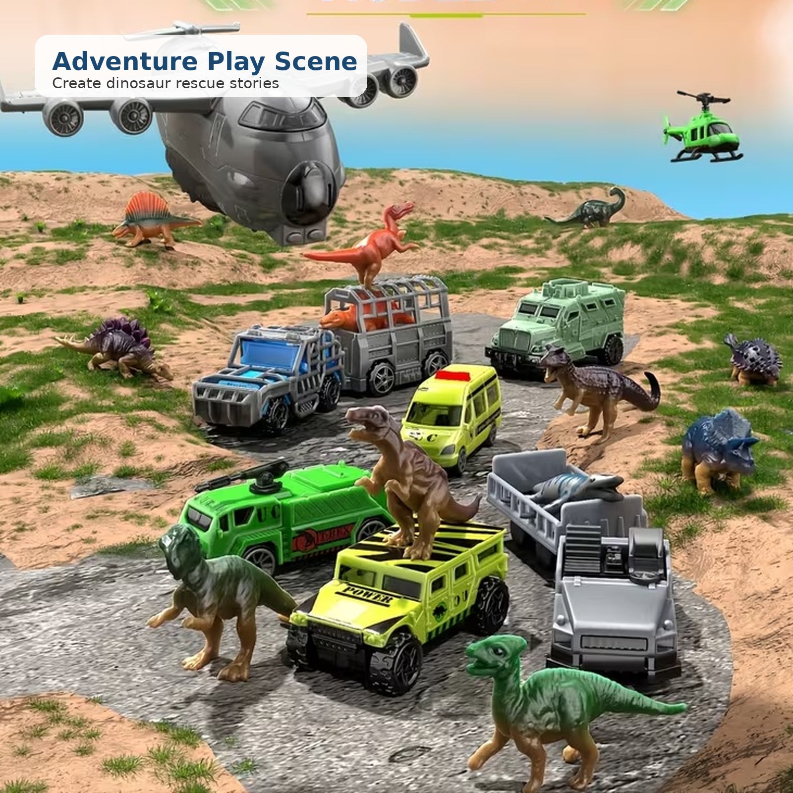 Dinosaur transport aircraft and rescue vehicle adventure play scene