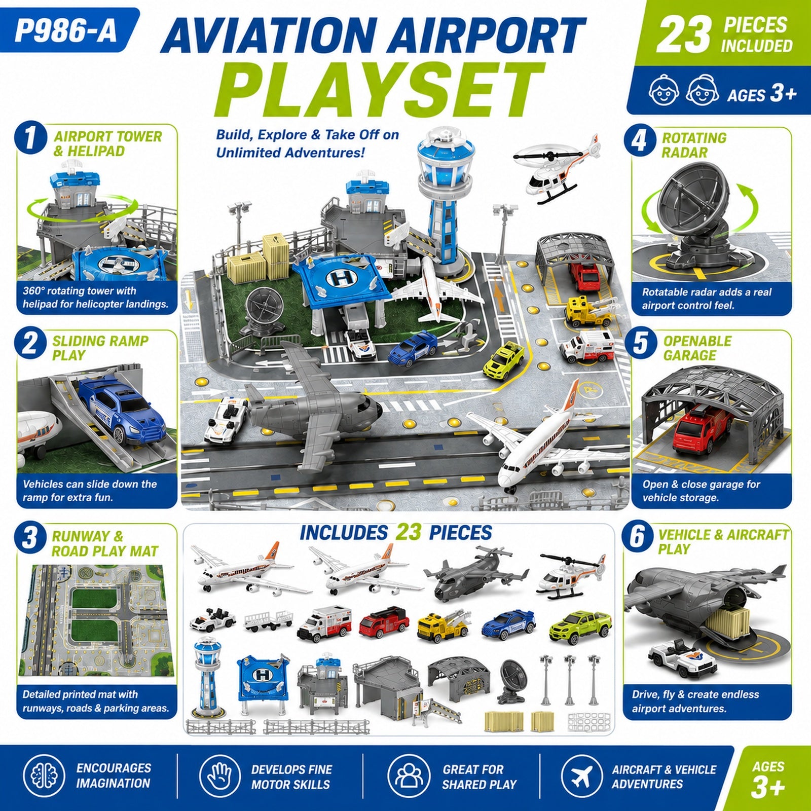 Airport toy vehicle and plane playset feature overview