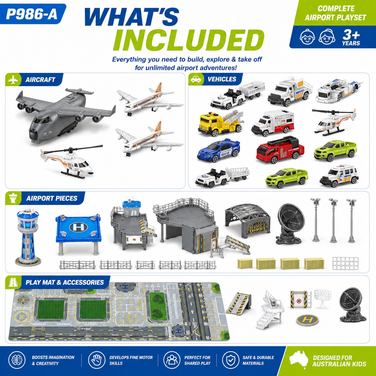 Airport playset with toy vehicles aircraft and accessories included