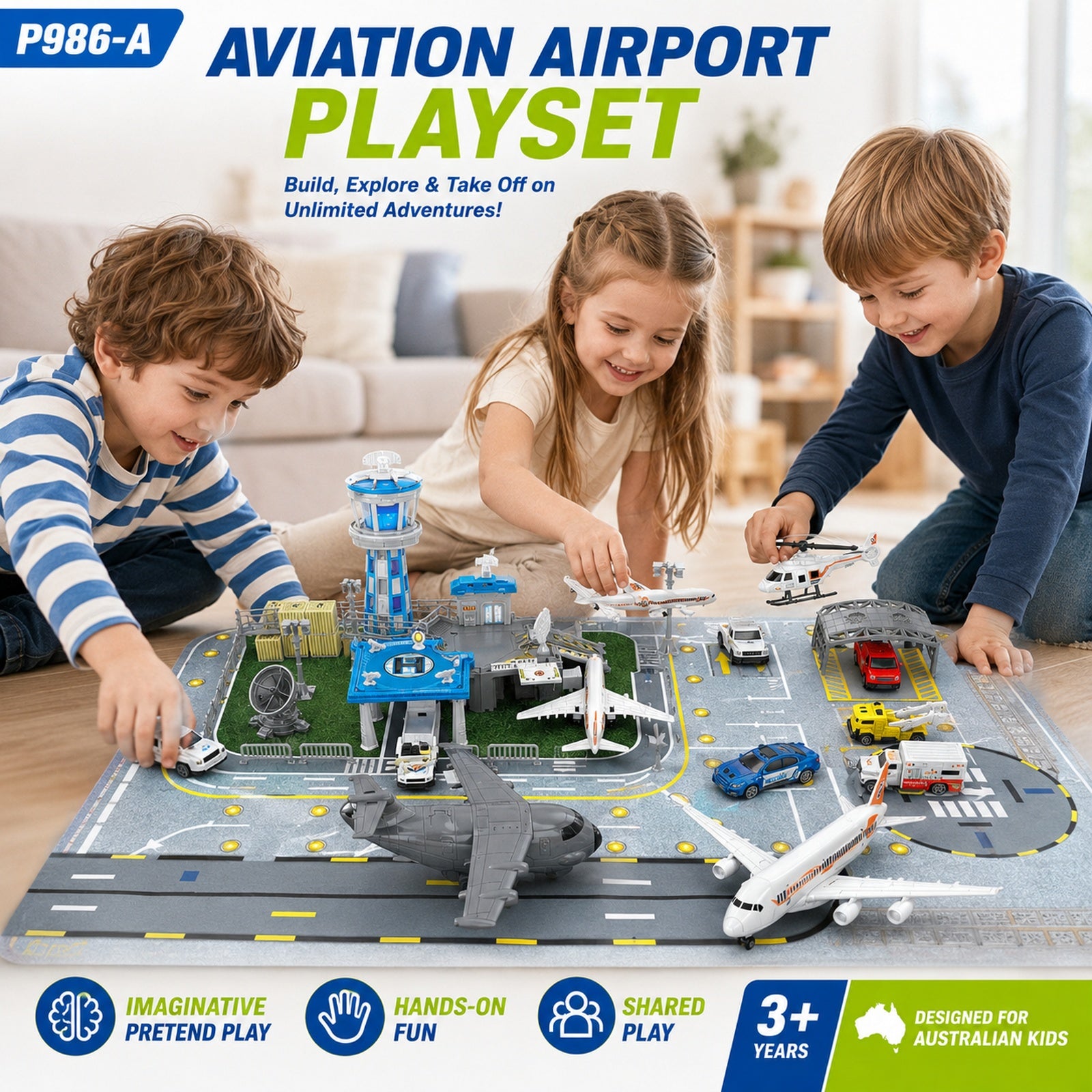Airport toy vehicle and plane playset lifestyle play scene