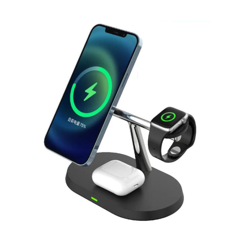 3 in 1 Magnetic Wireless Charger Stand Charging Dock Station for iPhone Apple Watch Airpods Black +20W Dual Port USB Fast Charger