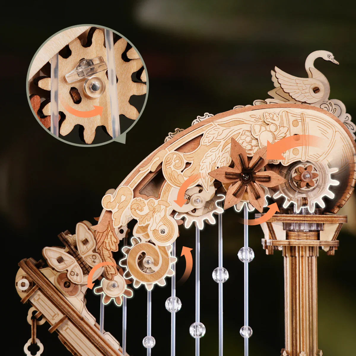 Close-up of the ROKR Magic Harp AMK71 wooden gear mechanism and harp details