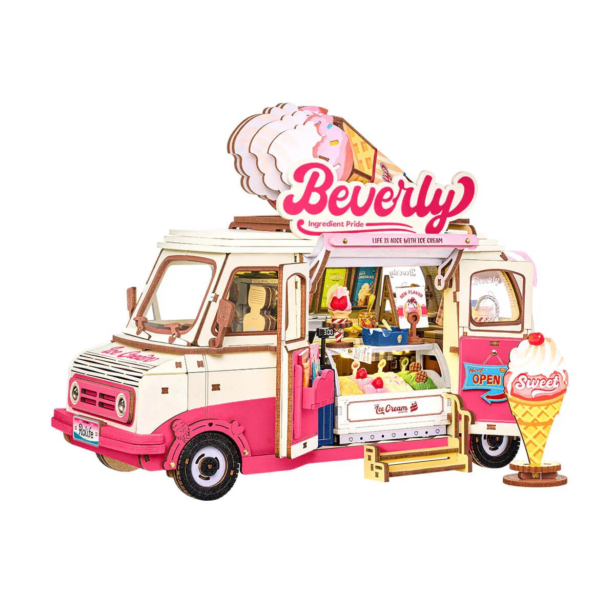 Rolife Beverly's Ice Cream Truck TGS06 3D wooden puzzle, pink ice cream truck model front view