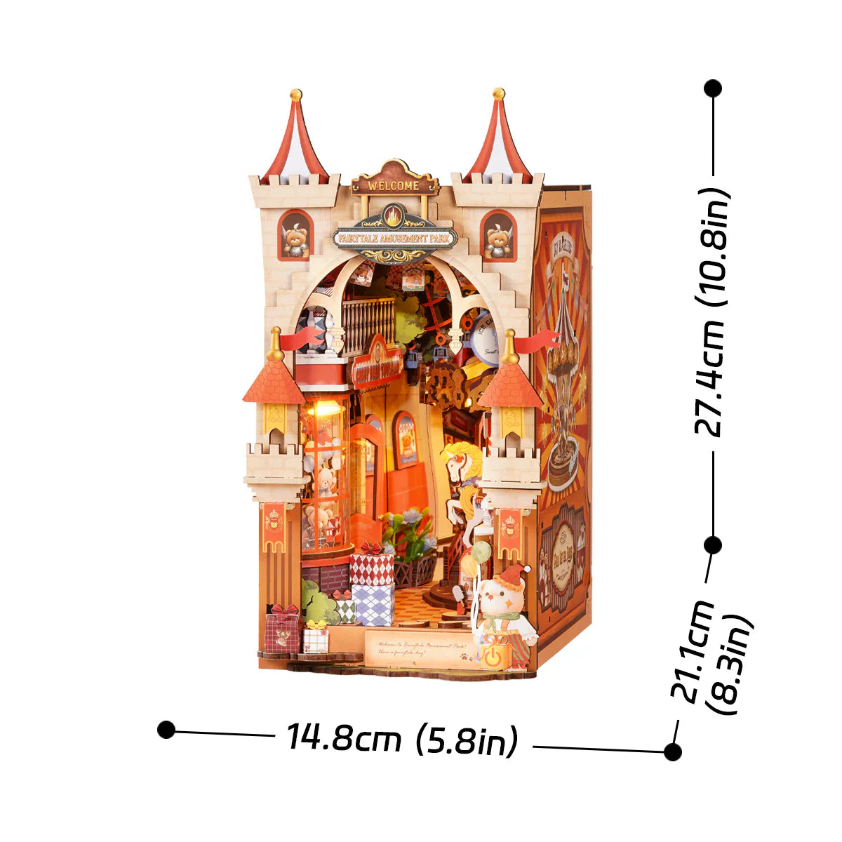 Rolife Tipsy Restaurant TGB17 DIY Miniature House Kit size guide showing 14.8 cm width, 21.1 cm depth and 27.4 cm height