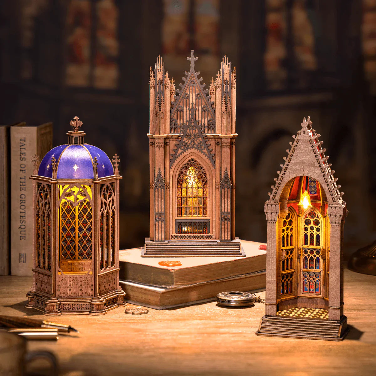 Rolife Rose Window Cathedral series featuring Twin-Tower Cathedral TGA01 with illuminated Gothic designs