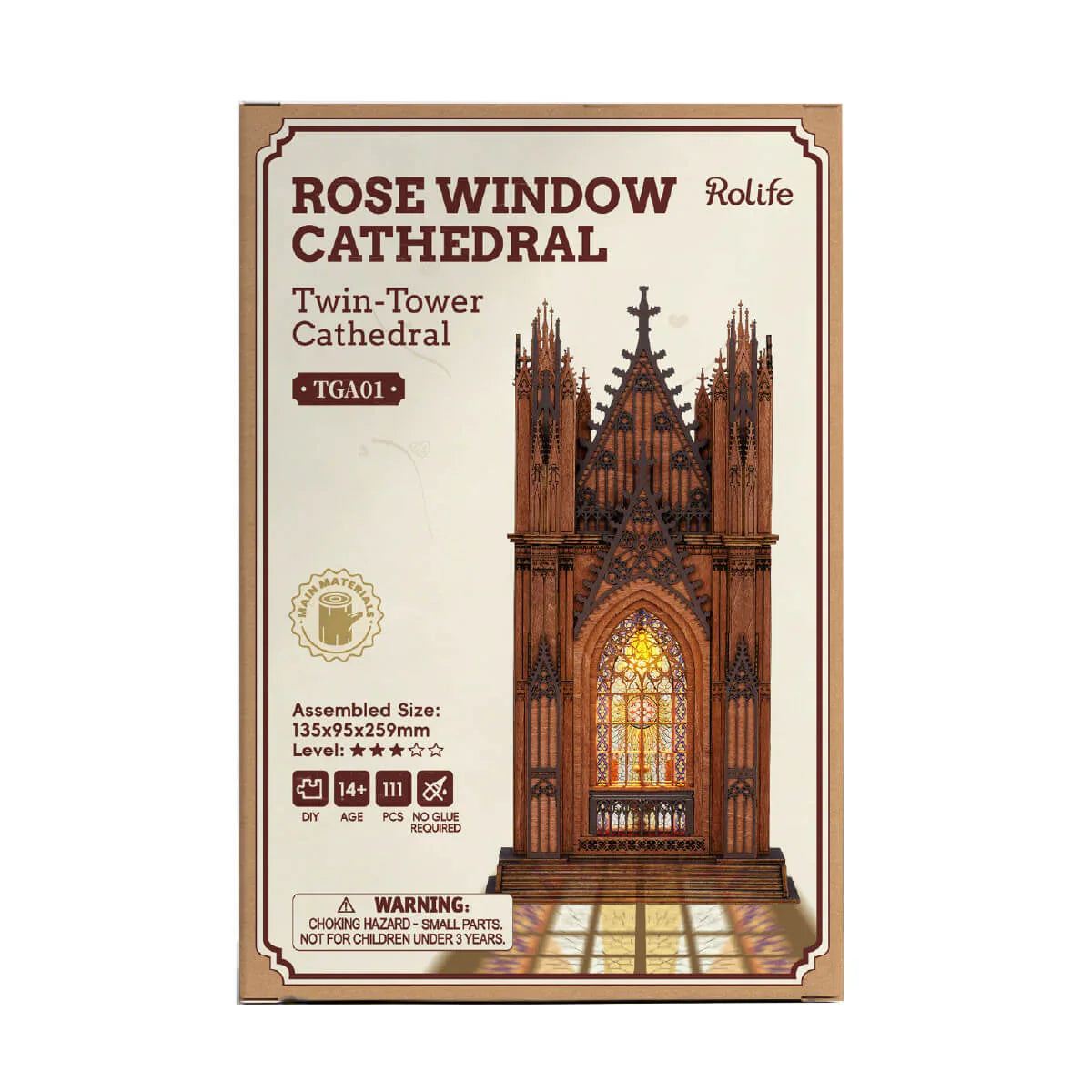 Rolife Rose Window Cathedral Twin-Tower Cathedral TGA01 package box with 111 pieces and assembled size details