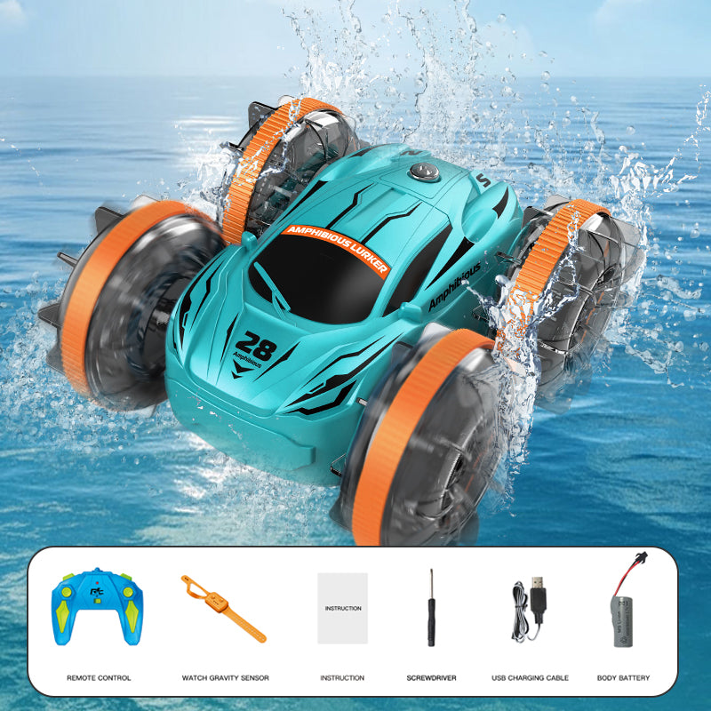 Amphibious RC Car 2 in 1 | 4WD All-Terrain Remote Control Stunt Car with Waterproof Design for Boys-Green
