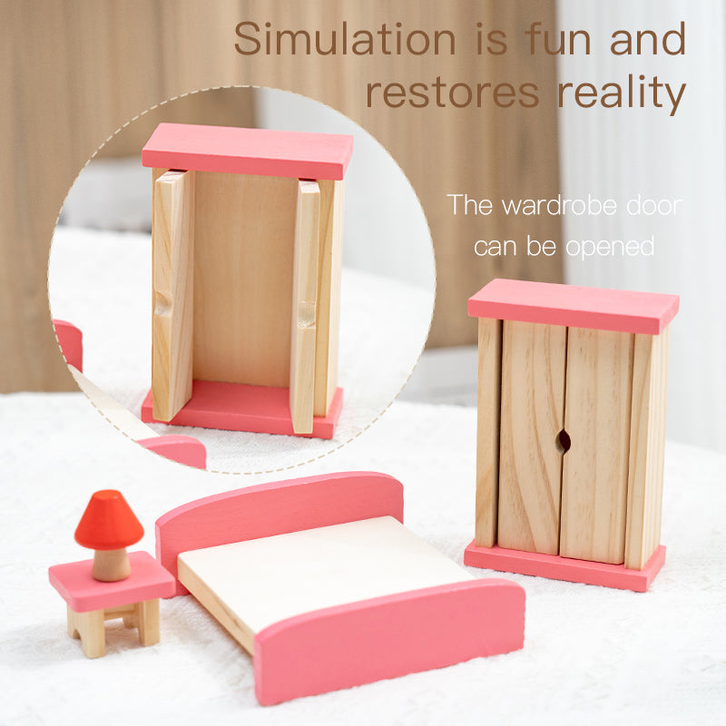 Colourful wooden dollhouse bedroom and wardrobe furniture detail