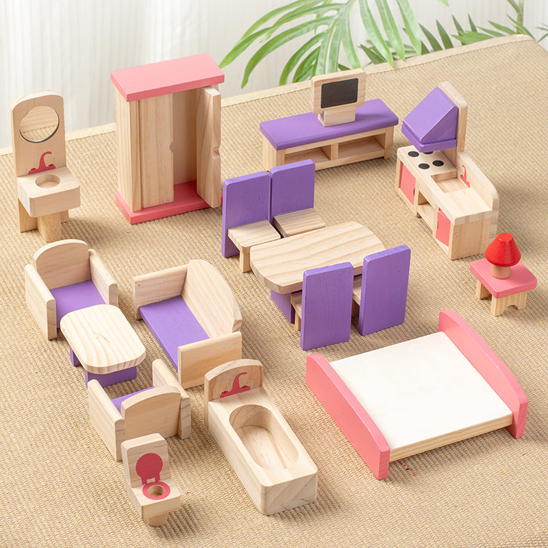 Colourful wooden dollhouse furniture set with miniature play house furniture pieces