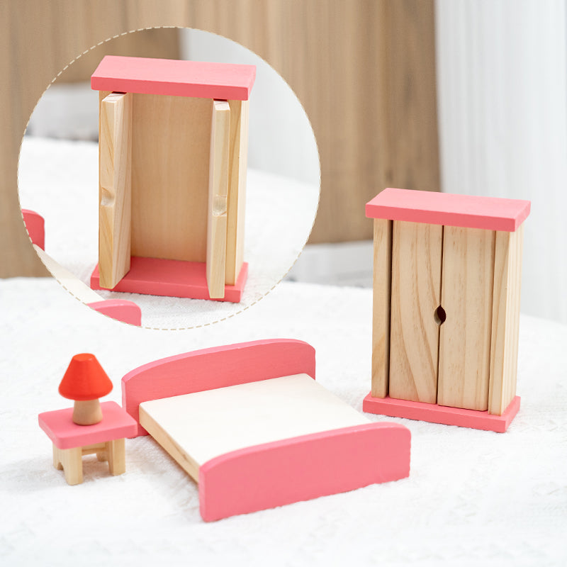 Colourful wooden wardrobe and bedroom pieces with opening door detail