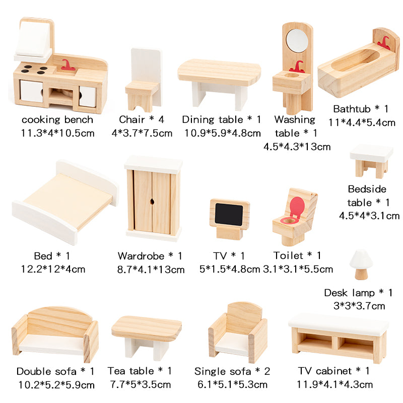 Included pieces and dimensions for wooden dollhouse furniture set