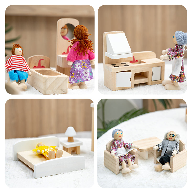 Room scene collage showing wooden dollhouse furniture used with dolls