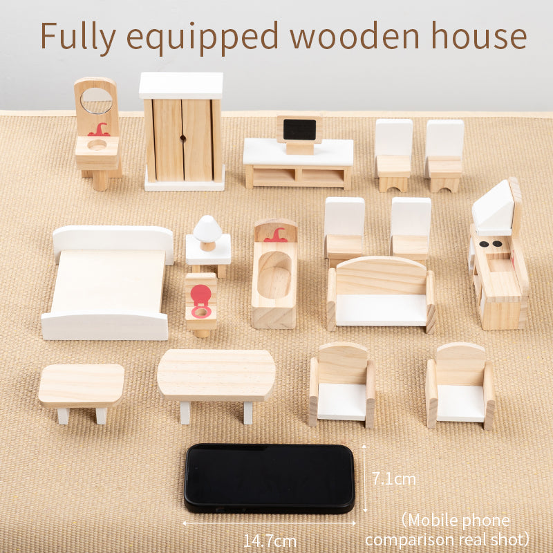 White wooden dollhouse furniture set arranged as a full miniature home scene