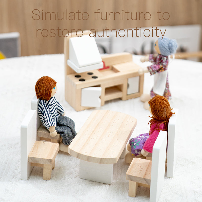 Wooden dollhouse kitchen and dining room play scene