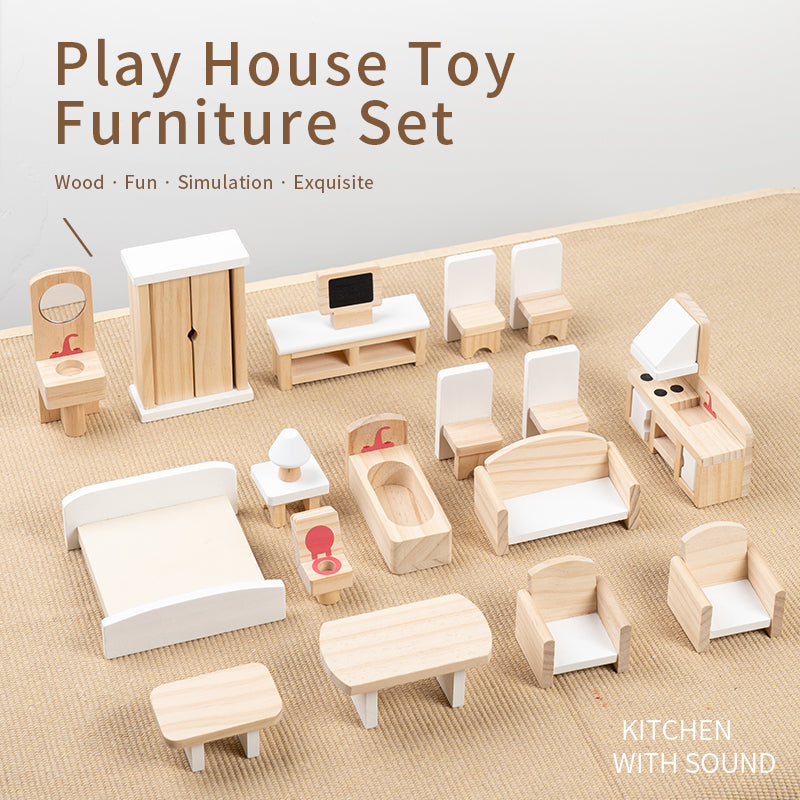 White wooden dollhouse furniture set bedroom wardrobe and lamp lifestyle scene
