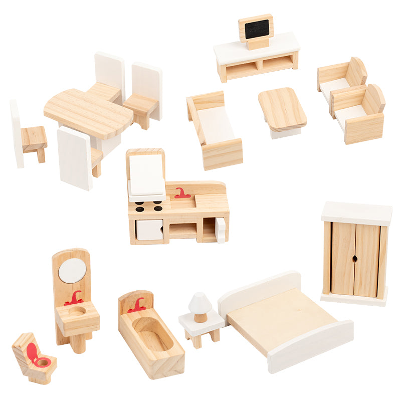 White wooden dollhouse furniture set pieces displayed on a white background