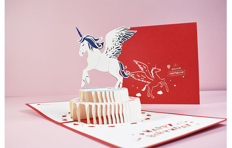 Magic Pop Up Birthday Card 3D Happy Greeting Unicorn RED 15x15cm with an envelope