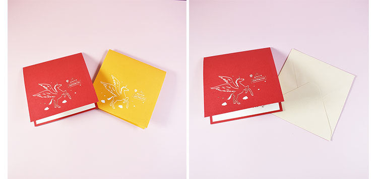 Magic Pop Up Birthday Card 3D Happy Greeting Unicorn RED 15x15cm with an envelope