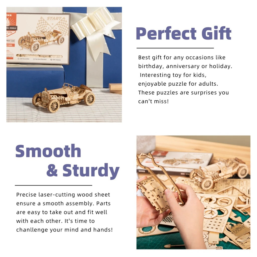 Robotime 3D Wooden DIY Model 1:16 Puzzle Mechanical Gear Grand Prix Car MC401