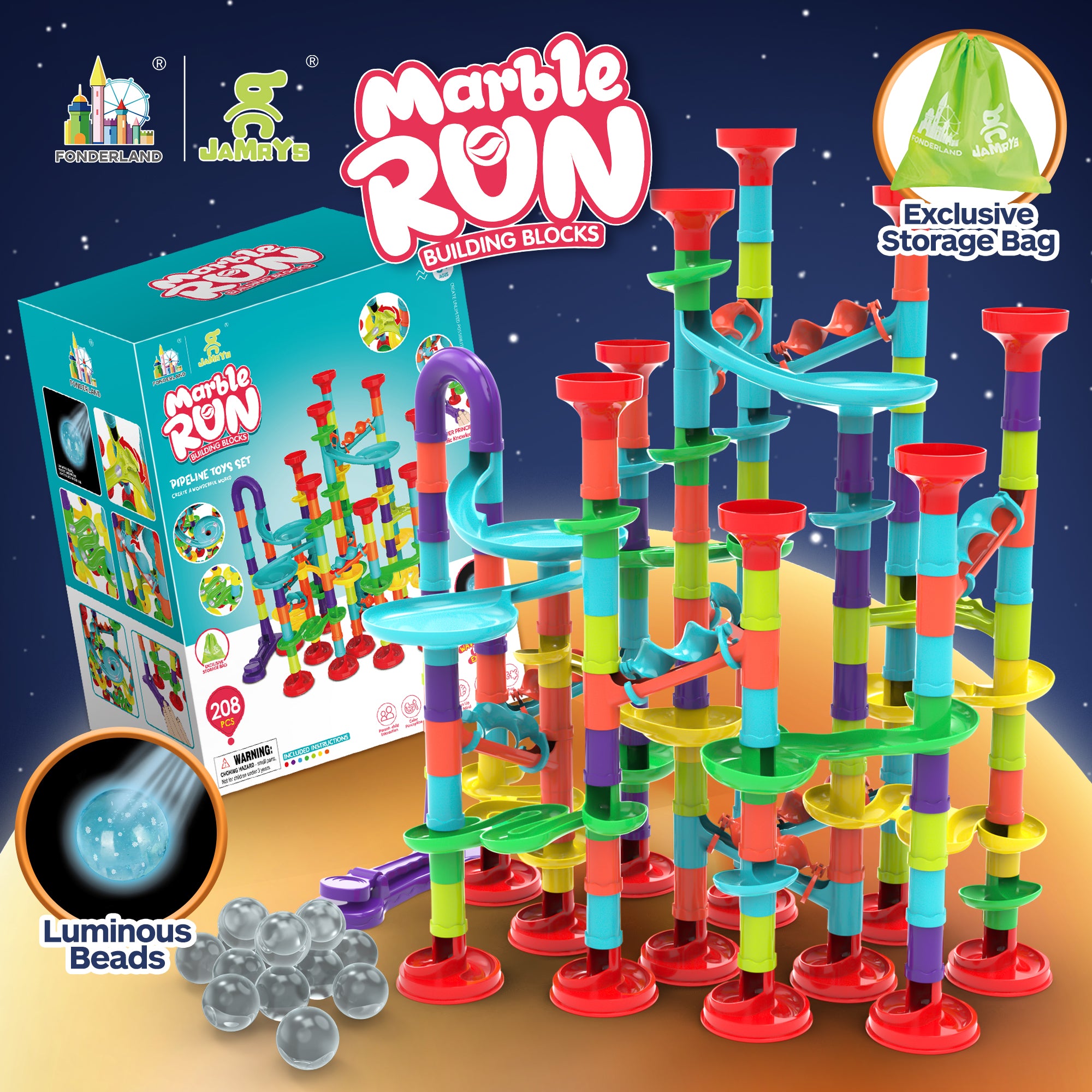 Fonderland 208pcs Marble Race Run Building Blocks with Luminous Beads Toys Educational Preschool Kids Large Deluxe Set