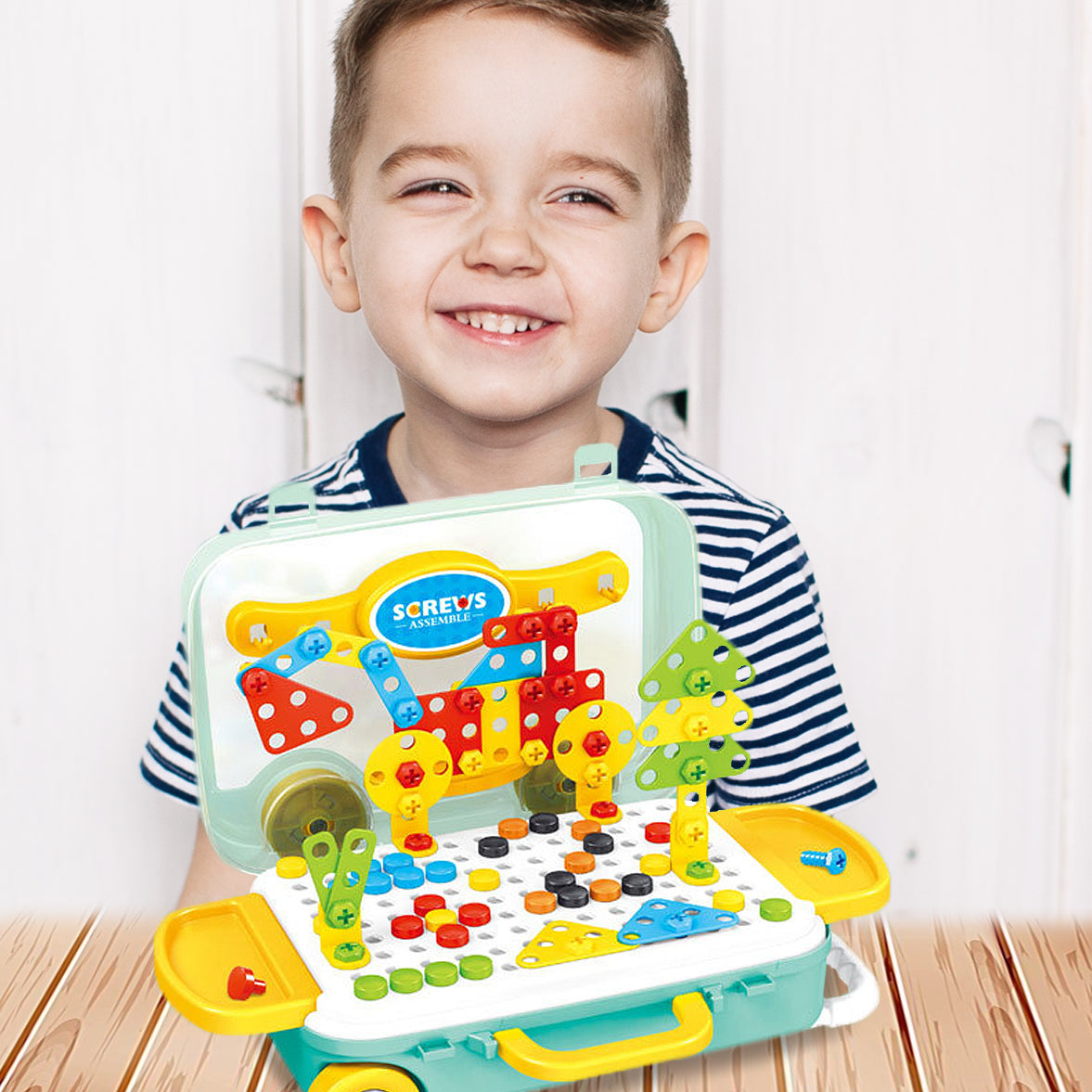 183pcs Creative STEM Mosaic Building Blocks Bricks Peg Spanner Screwdriver Assemble Toy Set Suitcase