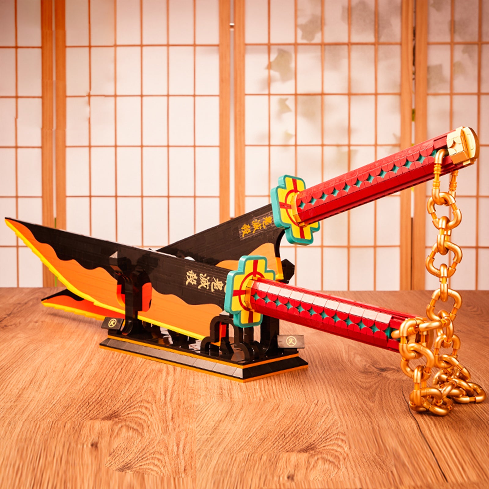 Demon 1507 1478Pcs Slayer Sword Double Blade Tengen Uzui Sword Building Block with Stand Handmade Cosplay Toy Nichirin Sword Yamato Knife Anime Weapon Model Boy Gifts