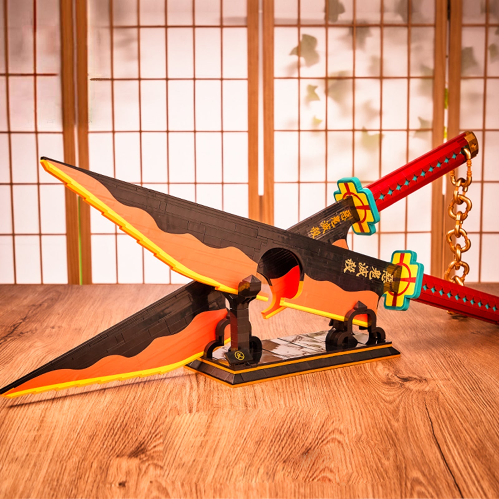 Demon 1507 1478Pcs Slayer Sword Double Blade Tengen Uzui Sword Building Block with Stand Handmade Cosplay Toy Nichirin Sword Yamato Knife Anime Weapon Model Boy Gifts