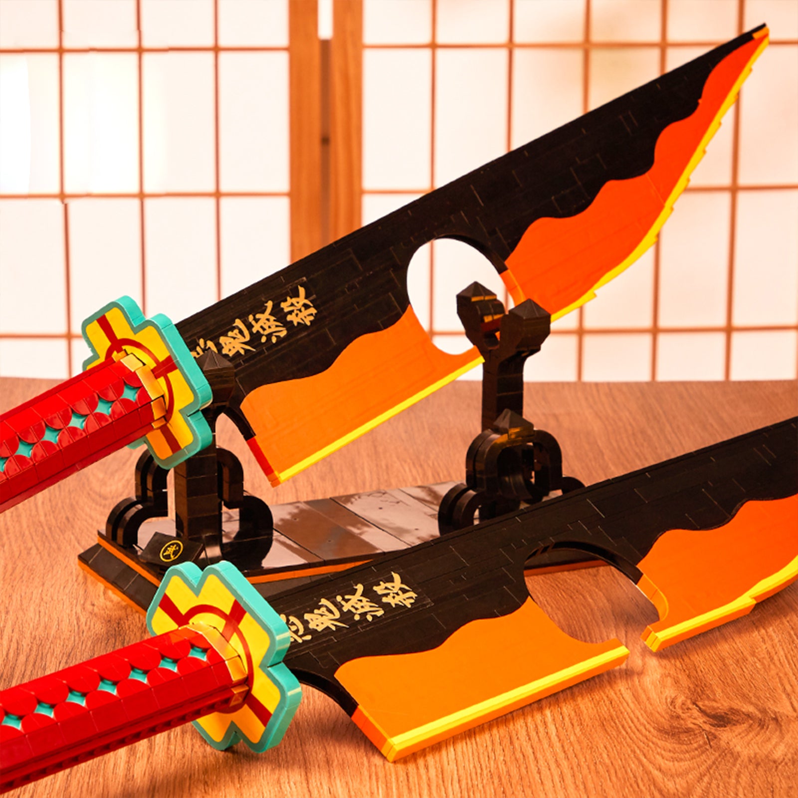 Demon 1507 1478Pcs Slayer Sword Double Blade Tengen Uzui Sword Building Block with Stand Handmade Cosplay Toy Nichirin Sword Yamato Knife Anime Weapon Model Boy Gifts