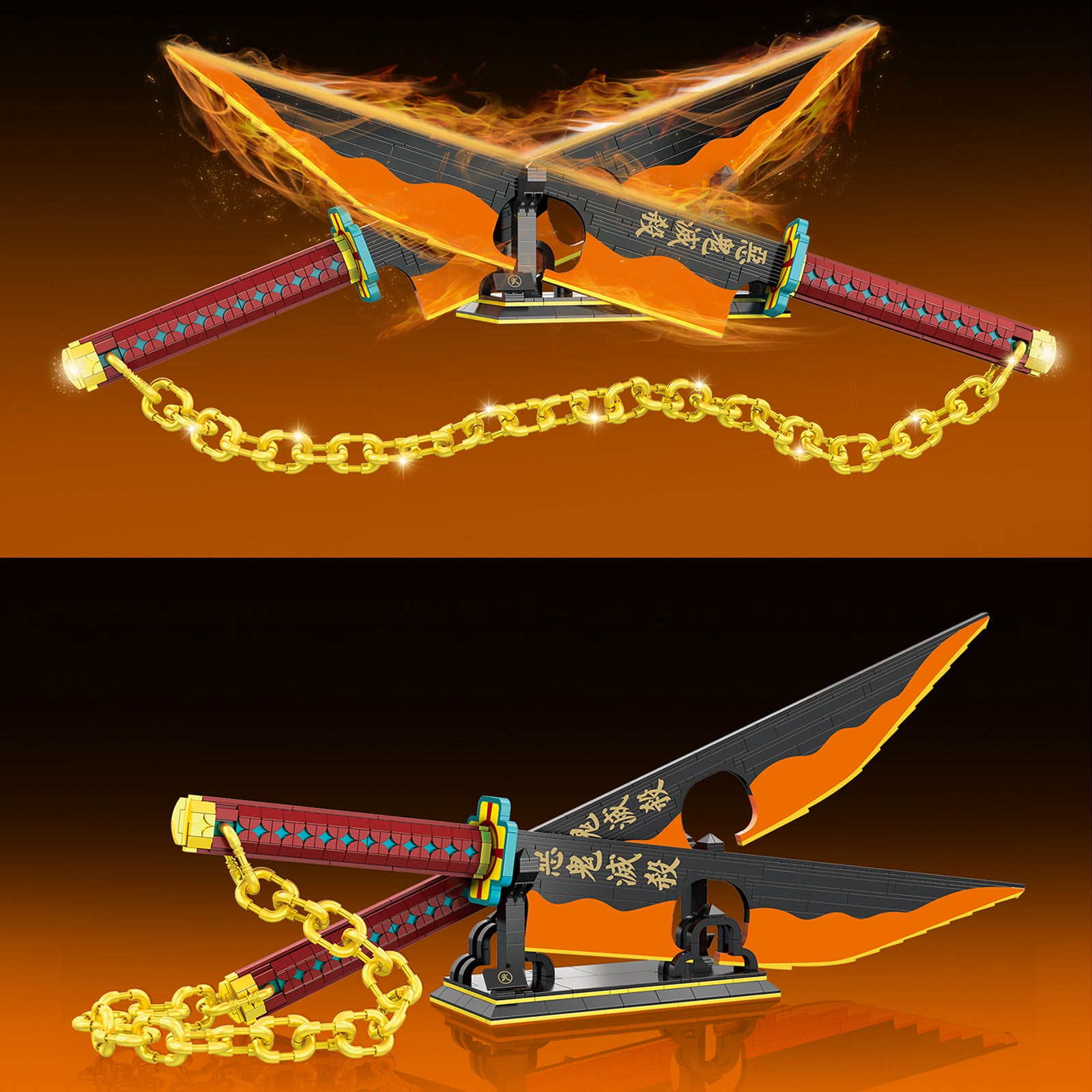 Demon 1507 1478Pcs Slayer Sword Double Blade Tengen Uzui Sword Building Block with Stand Handmade Cosplay Toy Nichirin Sword Yamato Knife Anime Weapon Model Boy Gifts