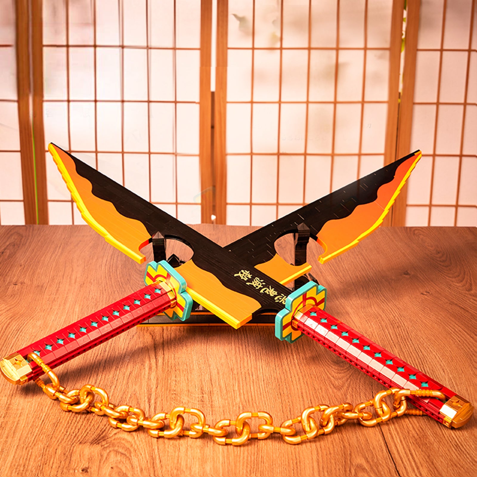 Demon 1507 1478Pcs Slayer Sword Double Blade Tengen Uzui Sword Building Block with Stand Handmade Cosplay Toy Nichirin Sword Yamato Knife Anime Weapon Model Boy Gifts