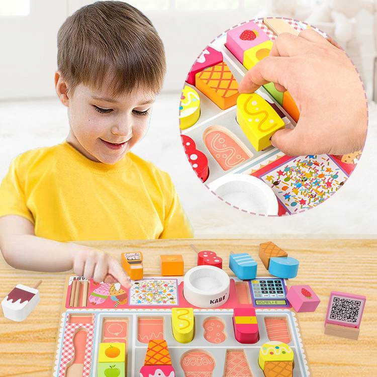 Ice Cream Shop Cutting Wooden Pretend Play Set Educational Toys Kids Food Games