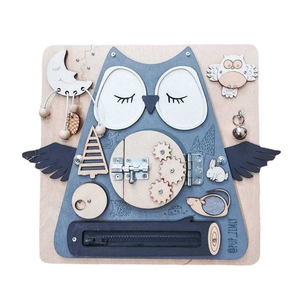 Sleeping Owl Baby Early Education Busy Board Wooden Toy Montessori Toy Baby Sensory Activity Board