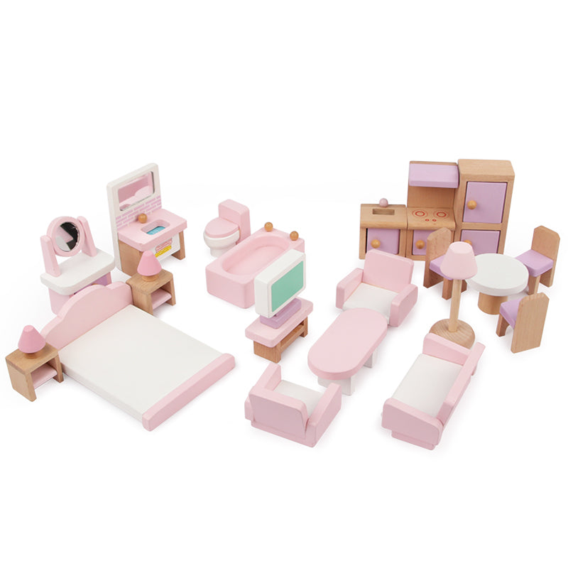22PCS Pink Dolls House Furniture Wooden Pretend Play Set For Kids Toys Gift