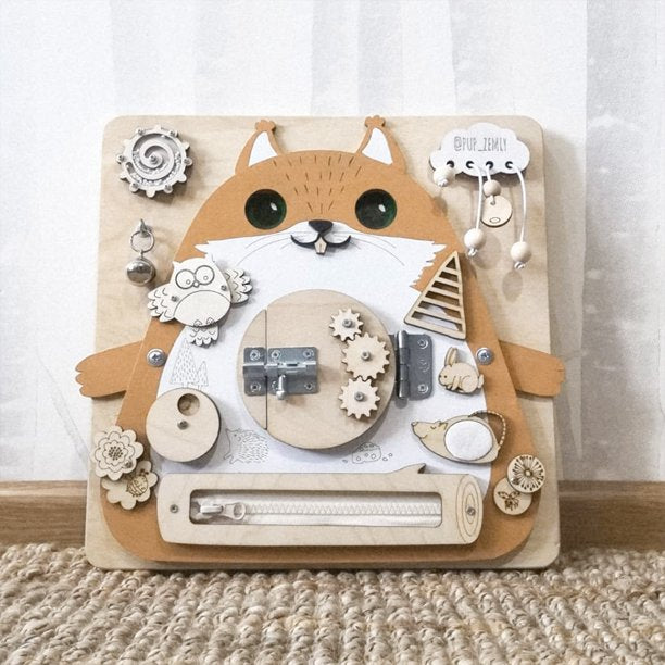 Cute Squirrel Baby Early Education Busy Board Wooden Toy Montessori Toy Baby Sensory Activity Board