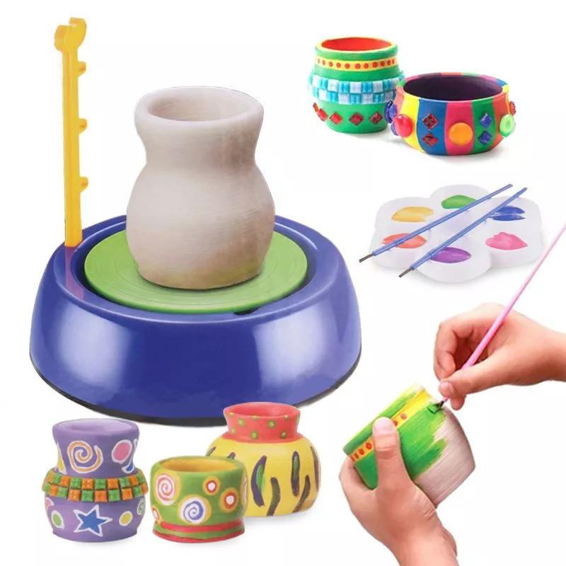 Educational Arts Craft Kids DIY Mini Machine Pottery Wheel With Self-hardening Fireing Free Clay And Paint Se