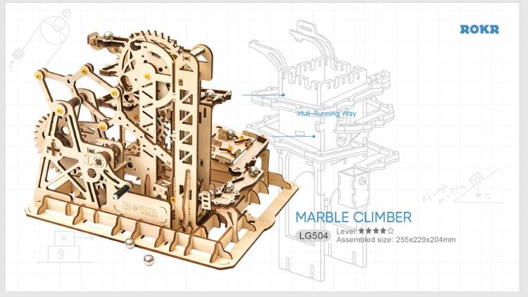Robotime 3D DIY Wooden Puzzle Mechanical Gear Drive Marble Climber Run Set LG504