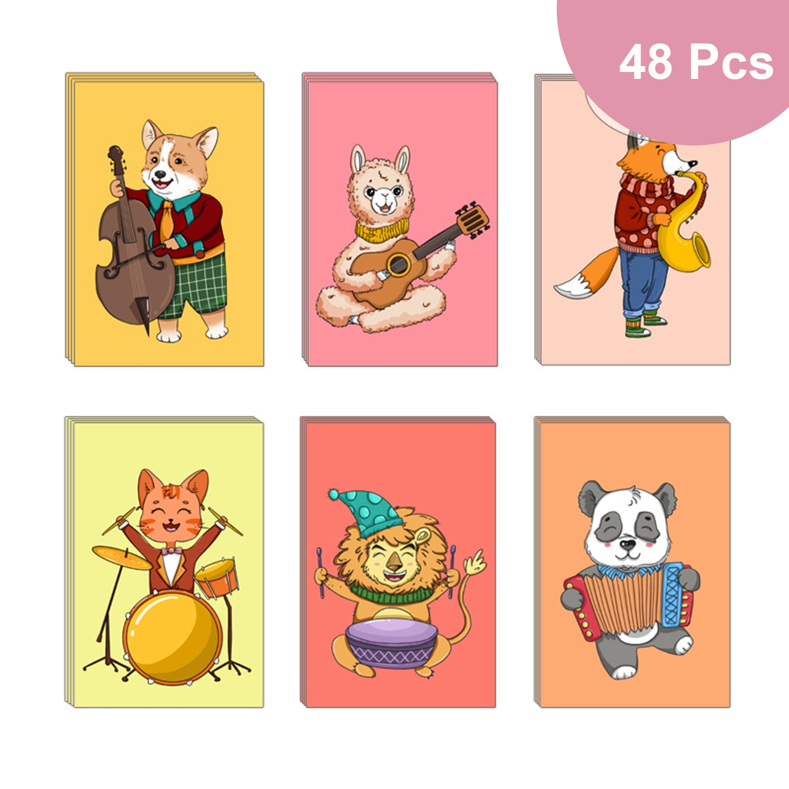 24pcs & 48 Pcs Premium Greeting Cards Thank You Cards 6 Styles Bulk Mixed Party Card Pack With Envelopes and Stickers - Animal instruments