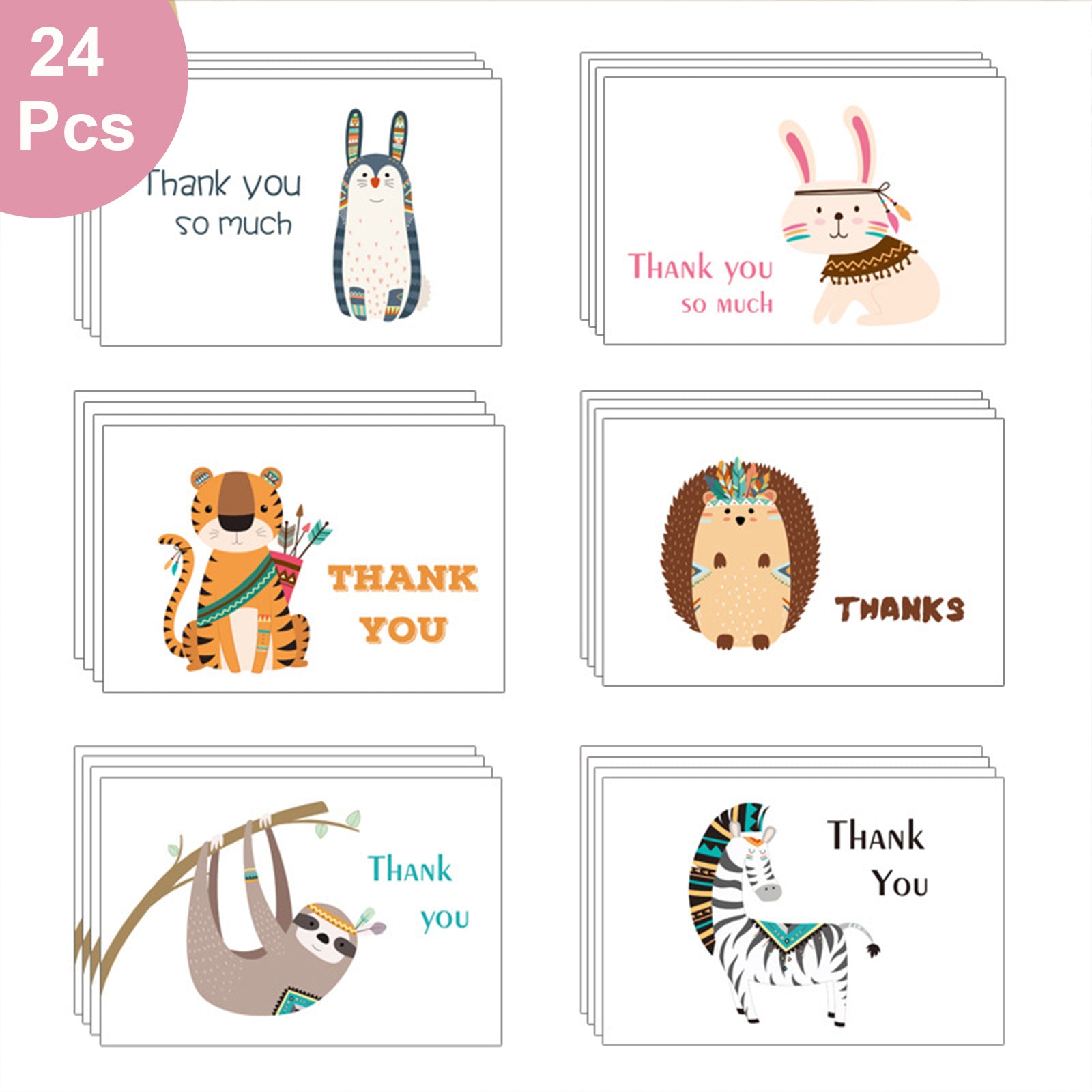 24pcs & 48 Pcs Premium Greeting Cards Thank You Cards 6 Styles Bulk Mixed Party Card Pack With Envelopes and Stickers - Animals 3