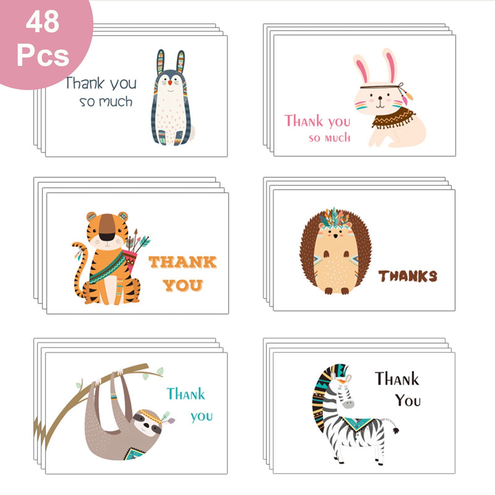 24pcs & 48 Pcs Premium Greeting Cards Thank You Cards 6 Styles Bulk Mixed Party Card Pack With Envelopes and Stickers - Animals 3