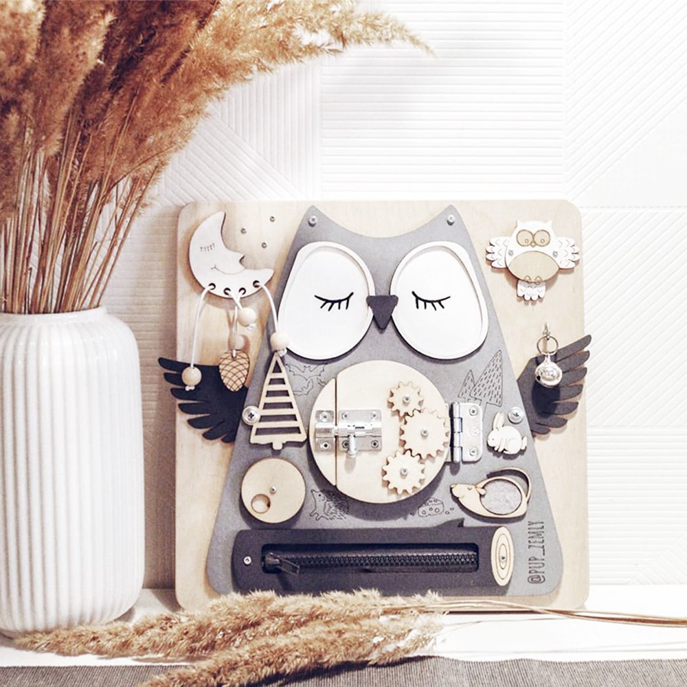 Sleeping Owl Baby Early Education Busy Board Wooden Toy Montessori Toy Baby Sensory Activity Board